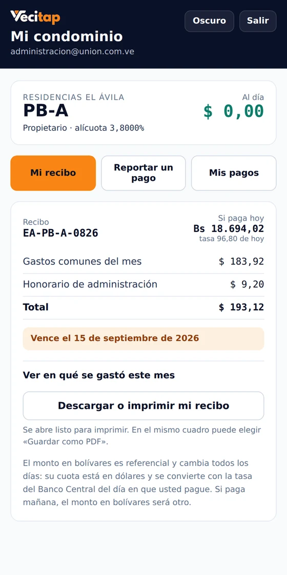 Portal del propietario en el teléfono: su unidad, su alícuota y su saldo.